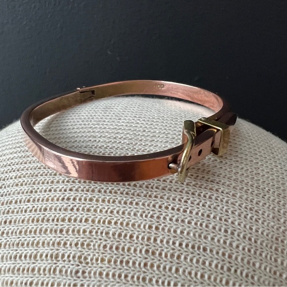 Vintage Copper & Brass Belt Buckle Bracelet Adjustable Hinged Signed Mexico 70s - Picture 7 of 7